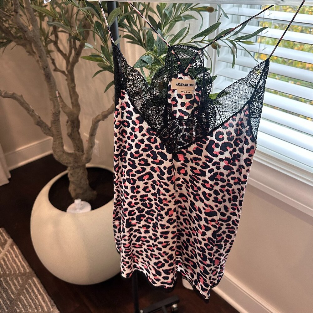 Zadig & Voltaire Christy Camisole Leo Ecru Pink Black Leopard Print $198